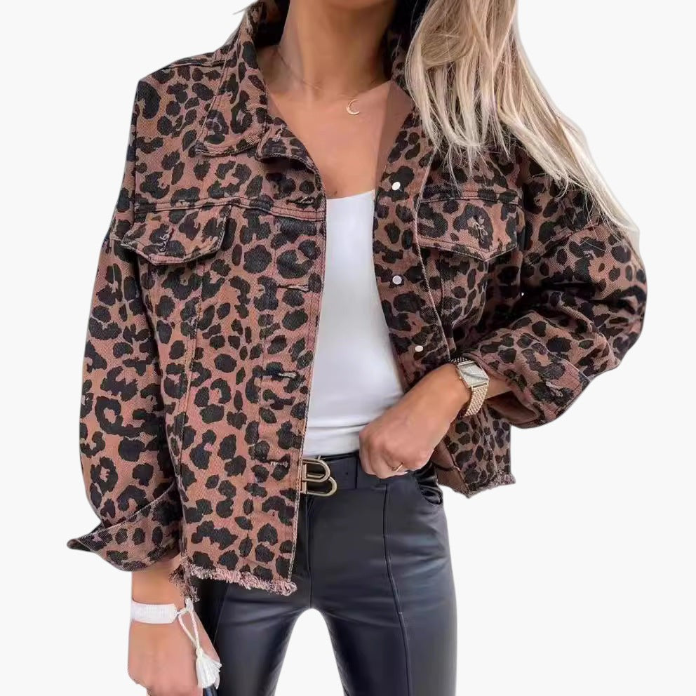 leopard print distressed denim jacket – trendy raw edge style