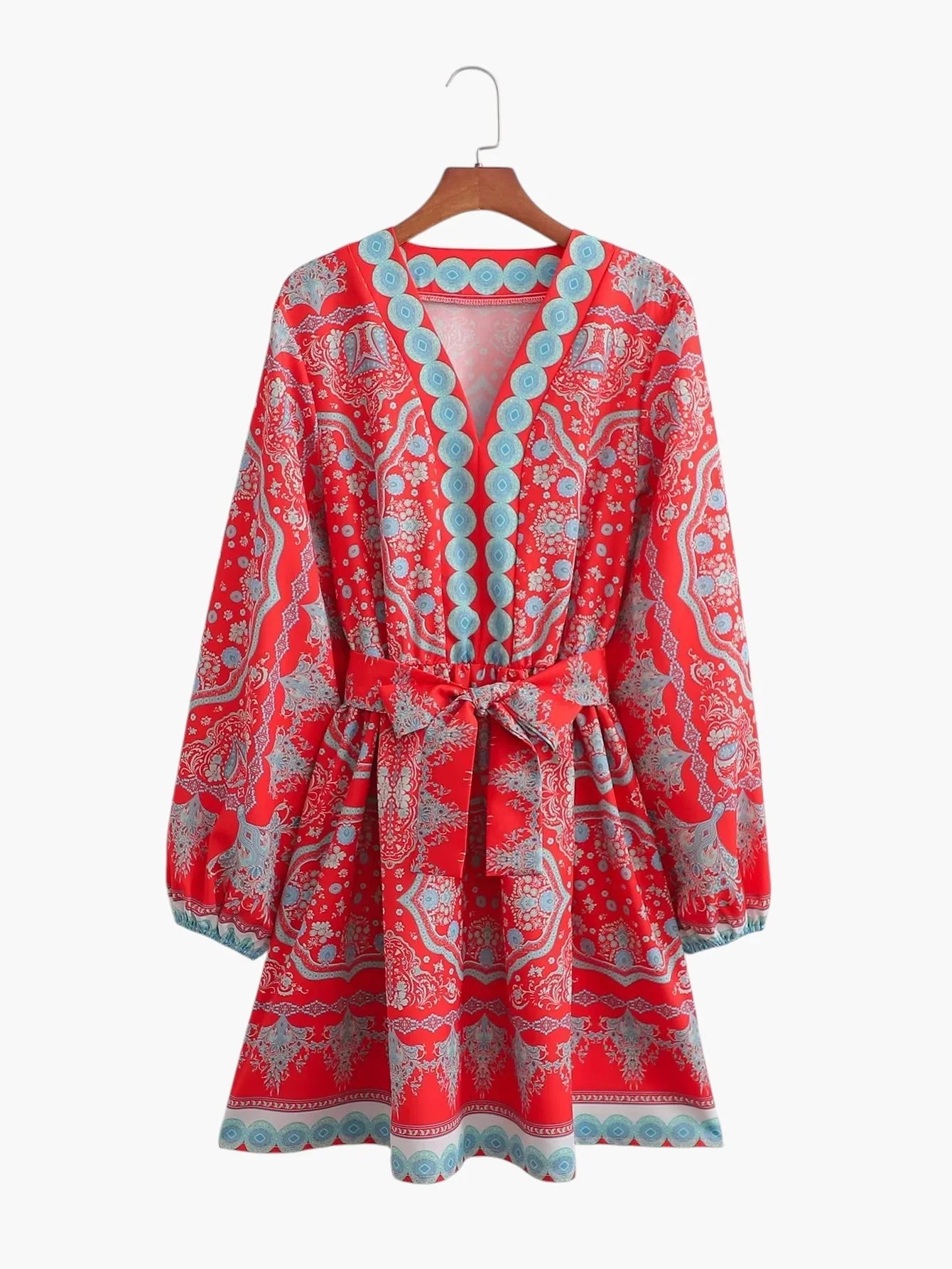 women’s long sleeve red floral dress – elegant european style