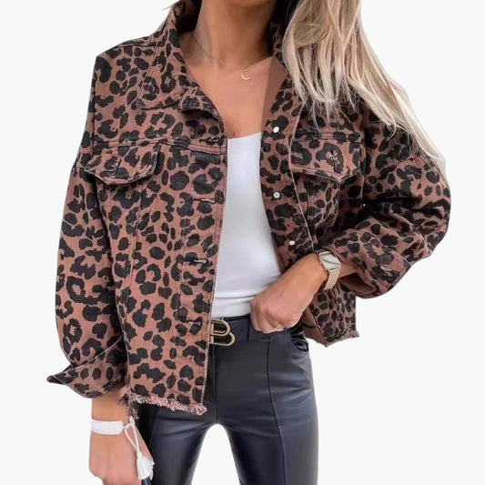 Leopard Print Distressed Denim Jacket – Trendy Raw Edge Style