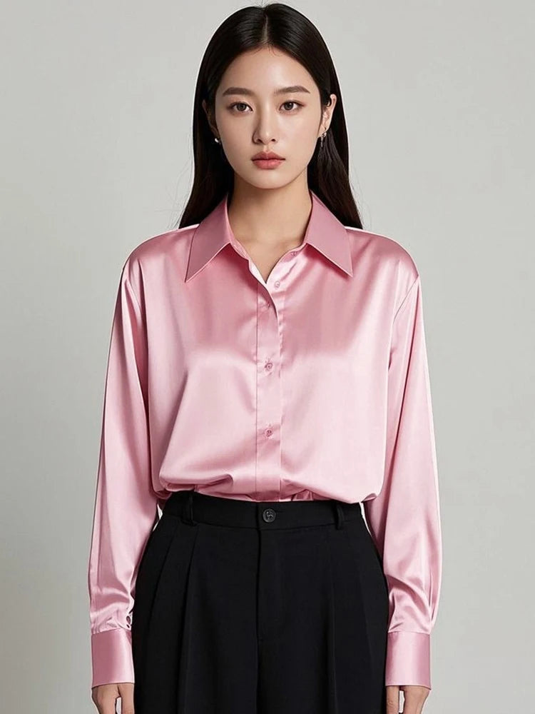 Korean Office Lady Trend Casual Shirt Elegant Blouses For Women Satin Multicolor Basic Slim Shirt Solid All-Match Top French New