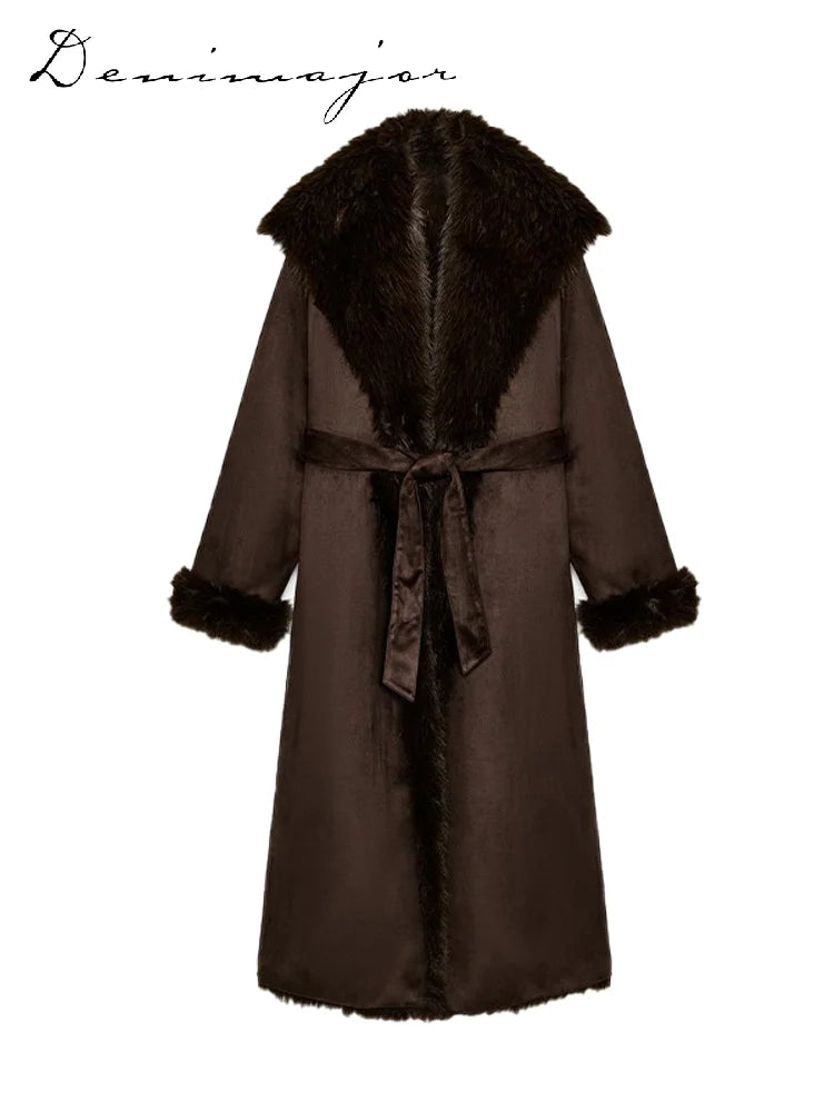 V-neck Faux Fur Collar Lace Up Long Cotton Coat Women Lapel Fashion Elegant Full Sleeve Overcoat New Winter All-match Outerwear