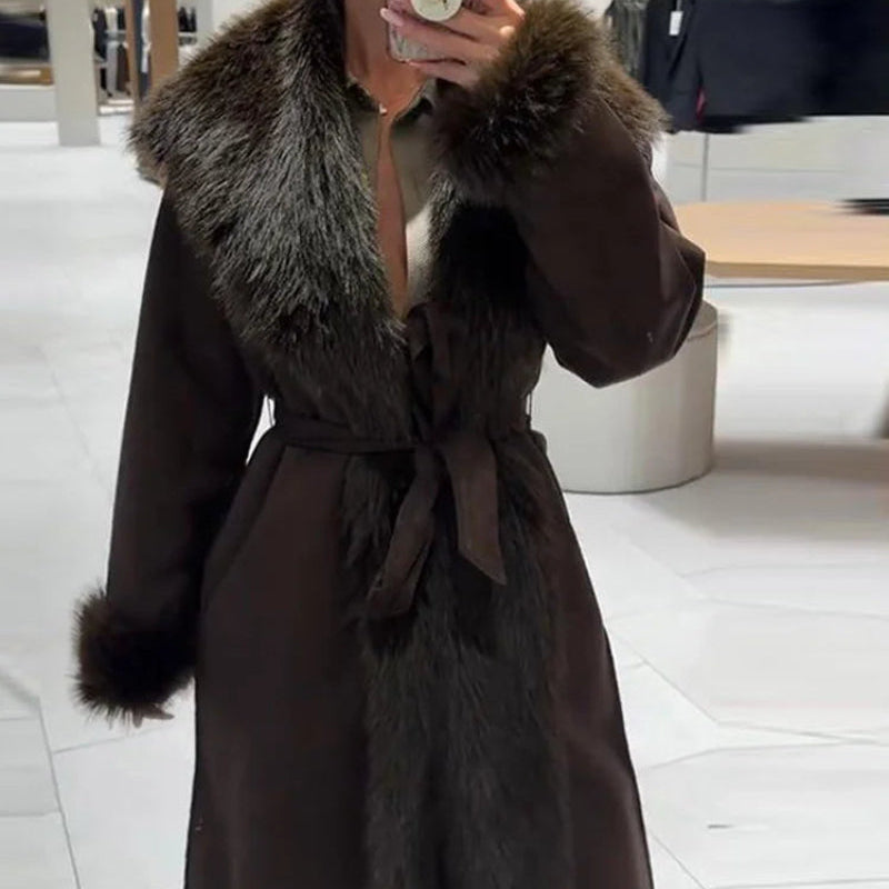 V-neck Faux Fur Collar Lace Up Long Cotton Coat Women Lapel Fashion Elegant Full Sleeve Overcoat New Winter All-match Outerwear