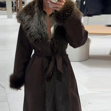 V-neck Faux Fur Collar Lace Up Long Cotton Coat Women Lapel Fashion Elegant Full Sleeve Overcoat New Winter All-match Outerwear