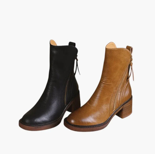 Retro Mid-Calf Martin Boots – Side Zipper & Thick Heel for Women