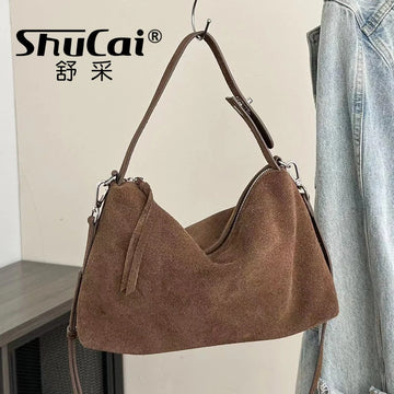 Genuine Grade Autumn Winter Big Boston Luxury Designer Tote Soft Matte Suede Leather Women Handbag Female Shoulder Crossbody Bag