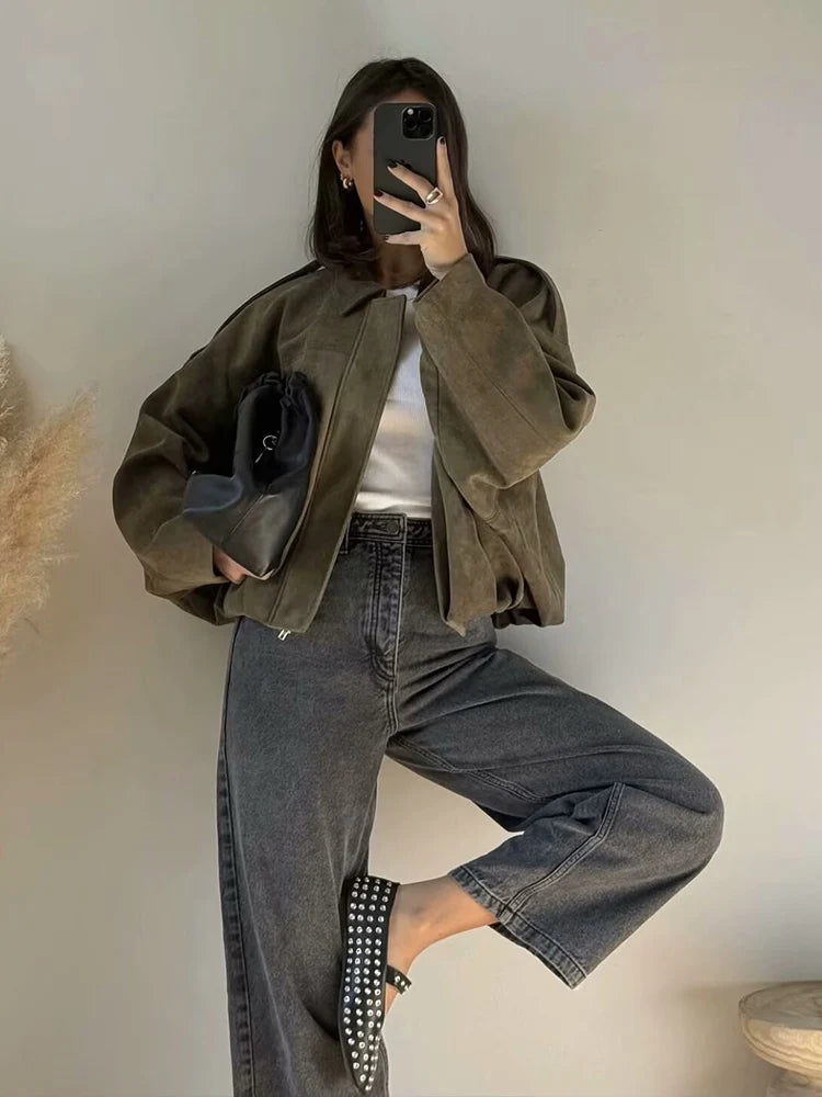 Women Green Suede Jacket 2025 New Spring Fashion Long Sleeve Zipper Oversize Bomber Coat Chic Female High Street Outerwear