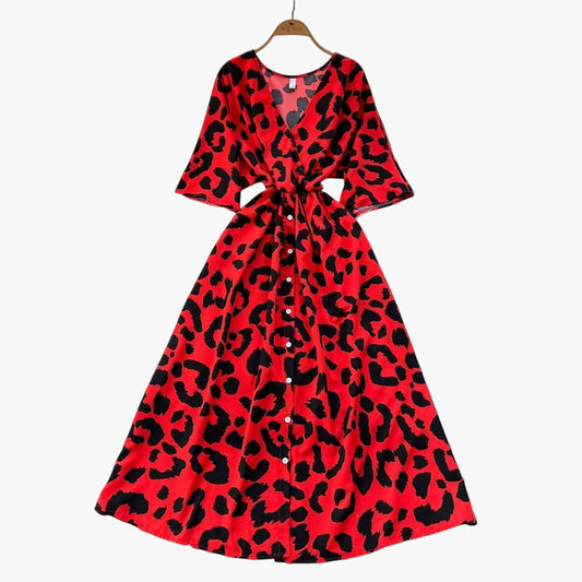 French Niche Summer Dress – V-Neck Printed Slim Fit Maxi