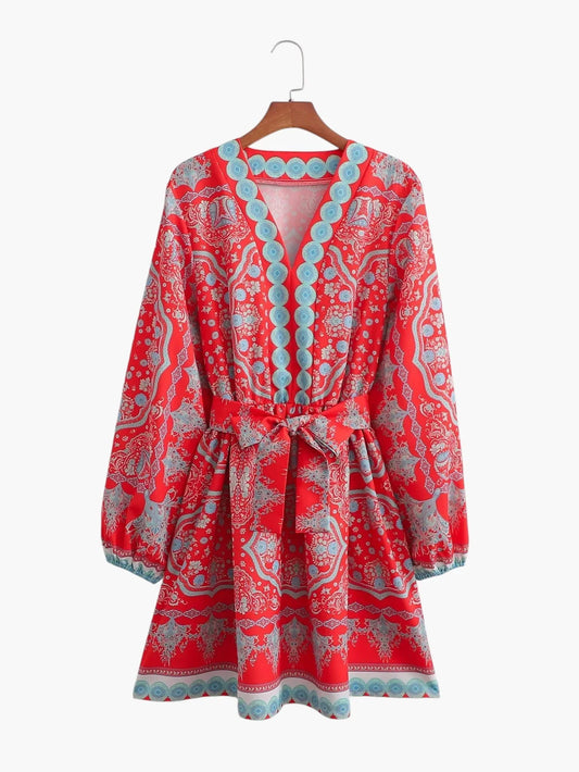 Women’s Long Sleeve Red Floral Dress – Elegant European Style